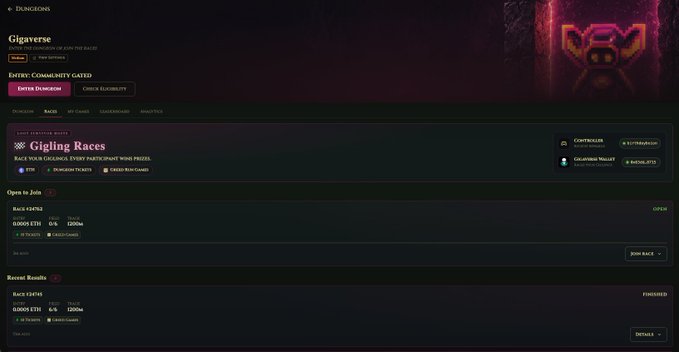 Screenshot of the Gigaverse website (gigaverse.io) showing 'Gigling Races' with a race entry fee of 0.0605 ETH / 100 $GIGI, 1200ms race duration, and options to 'Open to Join' and 'Join Race'.