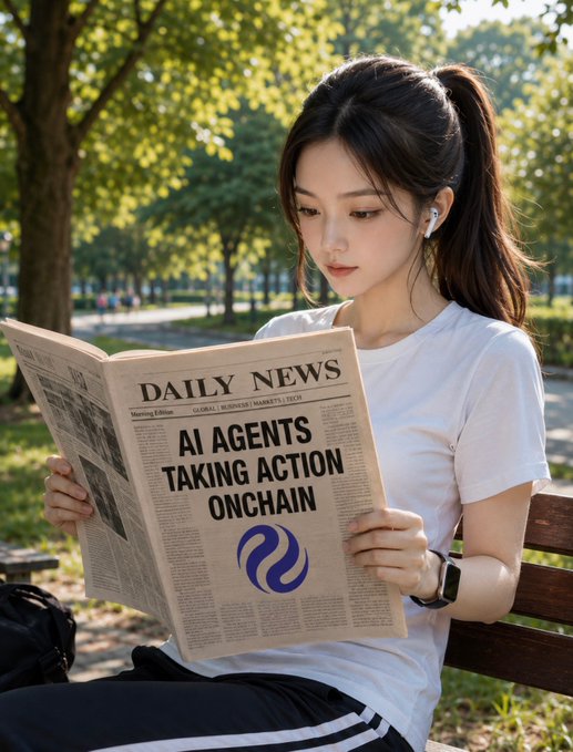 A young woman sits on a park bench reading a "Daily News" newspaper with the headline "AI AGENTS TAKING ACTION ONCHAIN" alongside the Injective logo, visually reinforcing the post's message about Injective's AI SDK enabling agents to execute transactions, interact with DeFi, trade, and make payments directly on the blockchain.