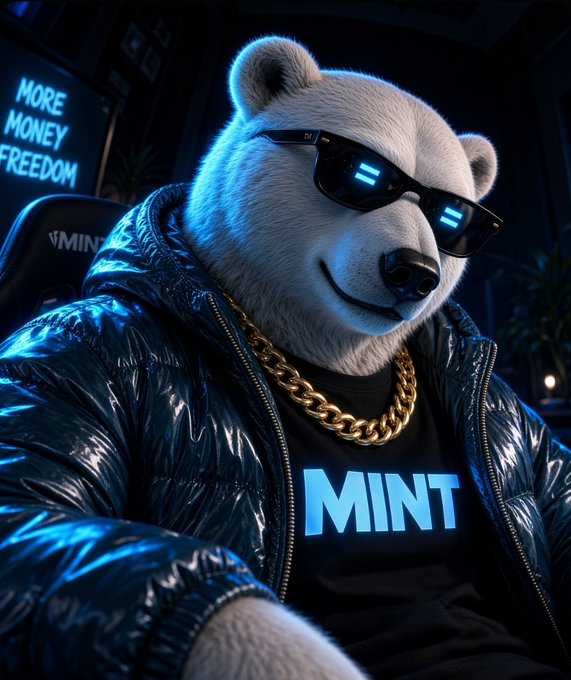 A cool polar bear wearing sunglasses, a gold chain, and a shiny puffer jacket sits in a gaming chair, with a 'MINT' t-shirt and a background screen reading 'MORE MONEY FREEDOM' and 'MINT'.