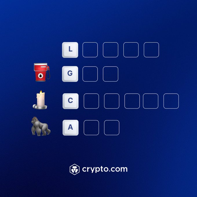 A Crypto.com word puzzle featuring four emoji prompts—a gas can, a red gas pump, a candle, and a gorilla—paired with the letters L, G, C, and A to form a 4-letter answer, inviting users to complete the challenge. The Crypto.com logo appears at the bottom of the dark blue background.