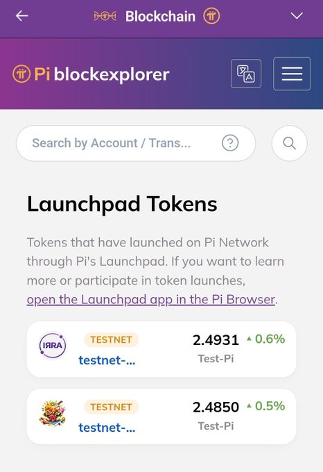 The Pi Blockexplorer displays a "Launchpad Tokens" section listing two TESTNET tokens (IRRA and an unnamed token) priced at 2.4931 Test-Pi (▲0.6%) and 2.4850 Test-Pi (▲0.5%) respectively. This visual confirms the post's claim that the Blockexplorer is now showcasing launched tokens with key metrics like price and 24-hour movement, though the listed assets remain in TESTNET phase.