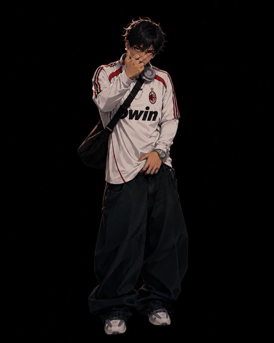 A young person wearing a white AC Milan "bwin" jersey and baggy black pants stands against a black background, covering their face with one hand while holding a phone and carrying a shoulder bag. The image's moody, privacy-focused aesthetic aligns with the post's theme about BeldexCoin's built-in privacy features, suggesting the figure's concealed identity symbolizes data protection as a fundamental right.