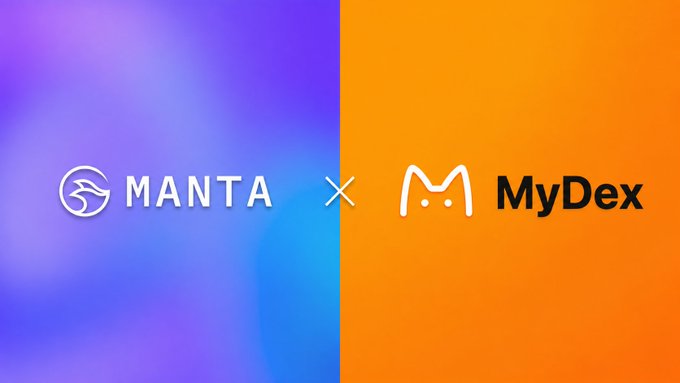 A promotional graphic with a split purple and orange background displays the logos 'MANTA' and 'MyDex' separated by an 'x', indicating a partnership or collaboration between the two entities.