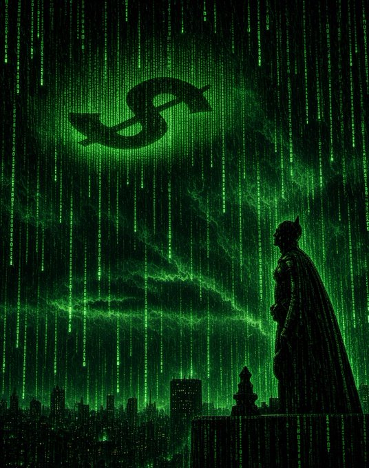 A digital art image styled like The Matrix, featuring green code raining down on a city skyline with a superhero silhouette watching from a rooftop, and a large 'S' logo in the cloudy sky.