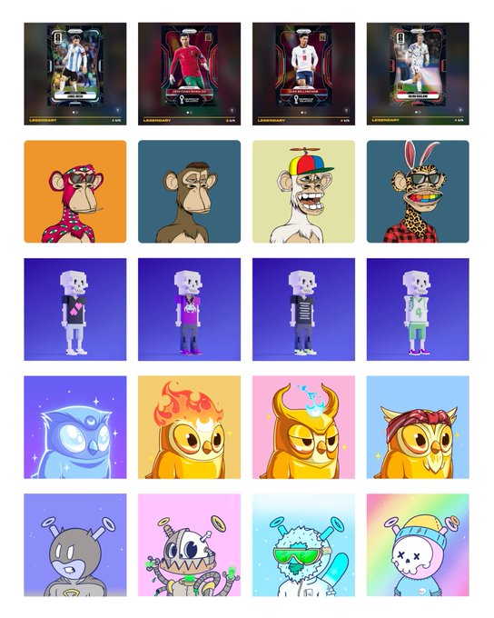 A grid of 20 digital collectible card displays featuring various NFT characters—including Cristiano Ronaldo football cards, cartoon monkeys, skeletons, owls, and quirky creatures—with the bottom rows highlighting themed collections from Panini Blockchain, Bored Ape Yacht Club, Meebits, Moonbirds, and Quirkies NFTs that the collector acquired through quad pairings.