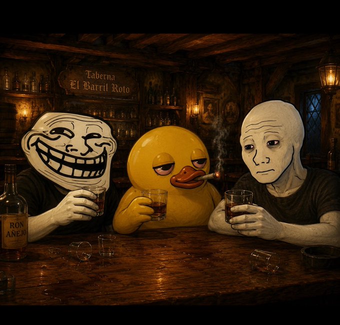 urns of ale and wine on a wooden bar, with three cartoon characters seated at the counter.