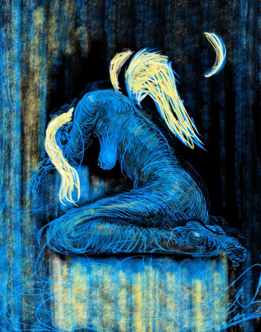 This piece, titled "Drifting" by Zachary Mojica aka @MrScribbles, depicts a blue, scribbled figure with yellow wings curled in a fetal position against a dark background featuring a crescent moon.