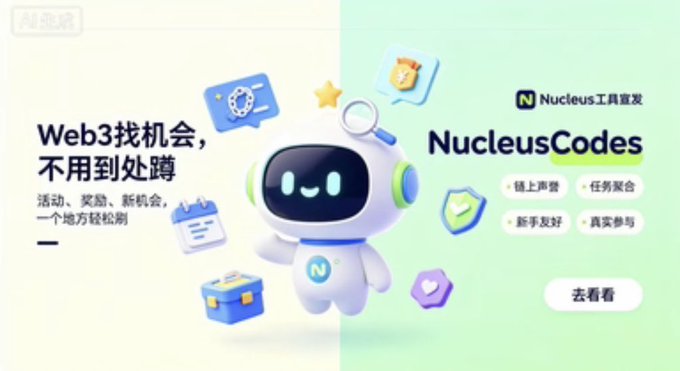 A promotional banner featuring a cute white robot mascot with "Web3找机会，不用到处蹲" (Find Web3 opportunities without searching everywhere) on the left and "NucleusCodes" with its tagline "Nucleus工具首发" on the right, accompanied by floating icons of gears, stars, shields, and coins, alongside a "去看看" (Go check it out) button. The image directly supports the post's complaint about Web3 opportunity hunting being exhausting by showcasing NucleusCodes as the centralized solution for navigating fragmented Web3 information.