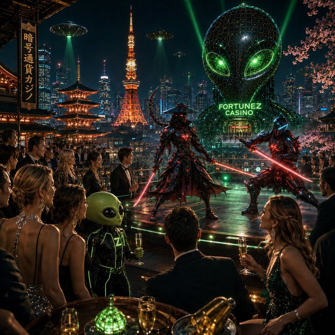 A sci-fi themed digital artwork depicts a samurai duel with glowing red swords in front of a 'FORTUNEZ CASINO' featuring a giant green alien head, Tokyo Tower, UFOs, and an audience of humans and a green alien.