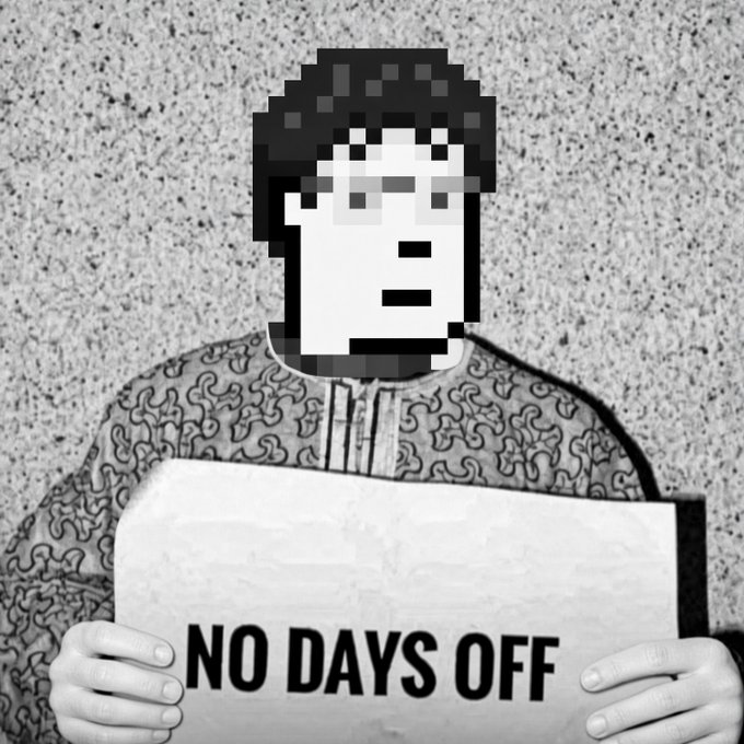 A black and white image of a person holding a 'NO DAYS OFF' sign, with their face replaced by a pixelated hooded character avatar.