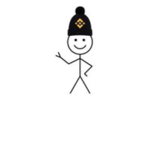 A simple black stick figure illustration of a smiling person wearing a black beanie with a yellow geometric symbol, gesturing with one hand.