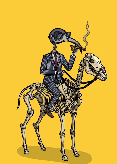 A cartoon illustration of a skeleton with a bird skull head wearing a pinstripe suit and sunglasses, smoking a cigar while riding a skeletal horse against a yellow background.