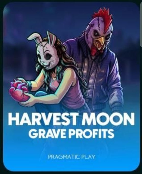 Promotional artwork for 'HARVEST MOON GRAVE PROFITS' by Pragmatic Play, featuring creepy masked characters in a dark setting.