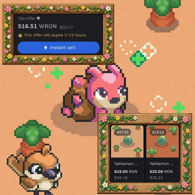 Screenshot of a pixel art game featuring a pink bear-like creature, showing a "Top offer" of 516.51 WRON ($30.17) with an "Instant sell" button and listings for "Yakkamon" items at 619-620 RON.
