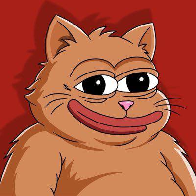 A cartoon orange cat with an exaggerated wide smile and big eyes grins against a red background, matching the "FATKAT" meme branding referenced in the post about FatKat on BNB. The artwork's humor and simple, bold style align with the post's claim that the meme and art are solid and ready to be a big runner.