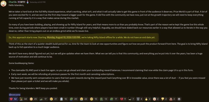 Screenshot of a Discord announcement from Chariz and Nifty Island announcing that Nifty Island will be going offline on Monday, August 10, 2026, at 5:00 PM to begin a new journey, with details on refunding the ISLAND pool.