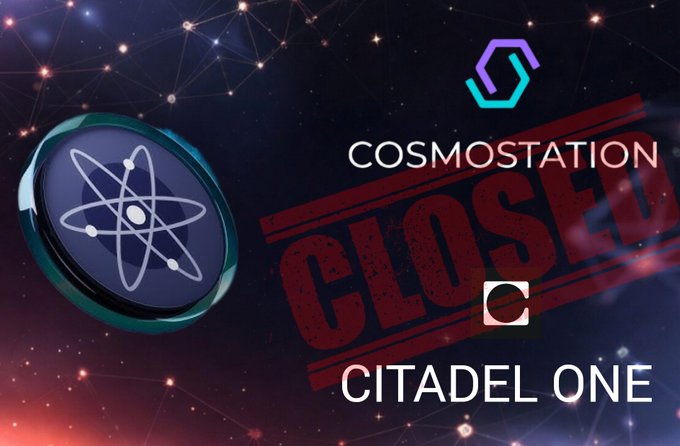 A 'COSMOSTATION CLOSED CITADEL ONE' graphic with a red 'CLOSED' stamp over a cosmic background, featuring an atom symbol emblem and a purple hexagon logo.