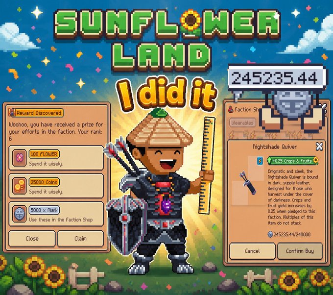 Pixel art game screenshot from 'Sunflower Land' celebrating 'I did it!' with a character wearing a conical hat, displaying reward discoveries including 100 Flower, 25,000 Coins, and 5,000 x Mark, alongside a Nightshade Quiver purchasable for 245,235.44.
