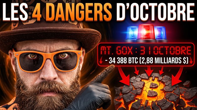 A French YouTube thumbnail titled 'LES 4 DANGERS D'OCTOBRE' featuring a man with orange sunglasses and text warning about Mt. Gox distributing 34,388 BTC ($2.88 billion) on October 3rd.