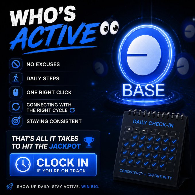 The image features a black background with a blue neon logo for Base, which reads "Base" in white letters against a dark blue background. Below the logo, there are instructions or tips about staying active and consistent, such as setting daily goals, connecting with others on social media, and using a timer to track progress. The text also mentions that it takes one click to start the process of winning big at Base.
