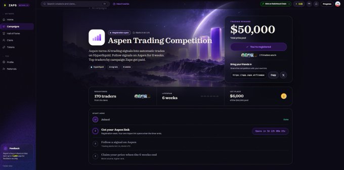 A ZAP (formerly ApeSpace) webpage for an "Aspen Trading Competition" offering a $50,000 total prize pool, with 170 traders participating over 6 weeks and 1,270 traders on the waitlist, set against a space-themed purple background.