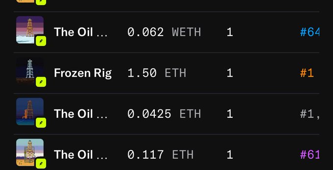 The image shows an NFT collection listing for "Frozen Rig" items, with one selling at 1.50 ETH (highlighted in orange as "#1") alongside other "The Oil" items priced at 0.062, 0.0425, and 0.117 WETH/ETH. This supports the post's claim of a rare #1 Frozen Rig selling for 1.5 ETH from the @TheSaudisNFT collection, which the user is celebrating as part of their 25 Rig holdings.