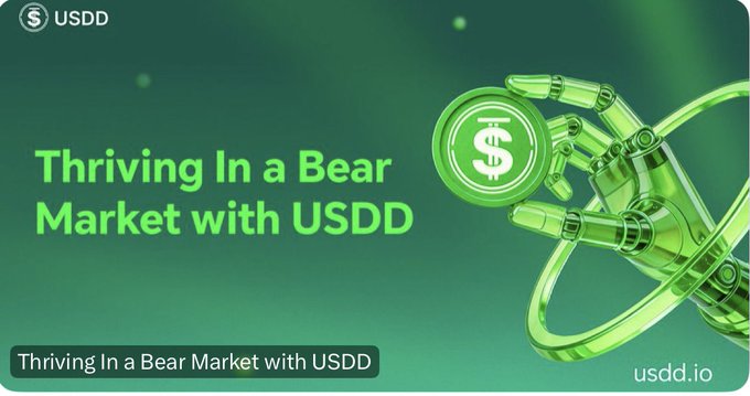 The image features a green dollar sign with a white "S" inside of a circle, which appears to be a bear's hand holding a green dollar bill. The text above the image reads "Thriving in a Bear Market with USDD". This suggests that the image is promoting a financial product or service related to investing during market downturns.