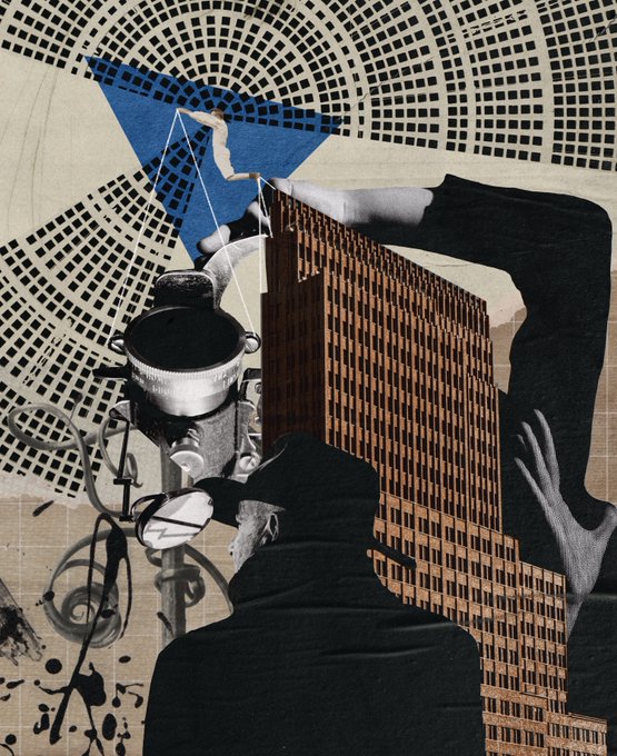 A surreal collage artwork featuring a figure in a dark hood and gloves operating a vintage control device against a backdrop of skyscrapers, halftone dots, and a blue triangle.