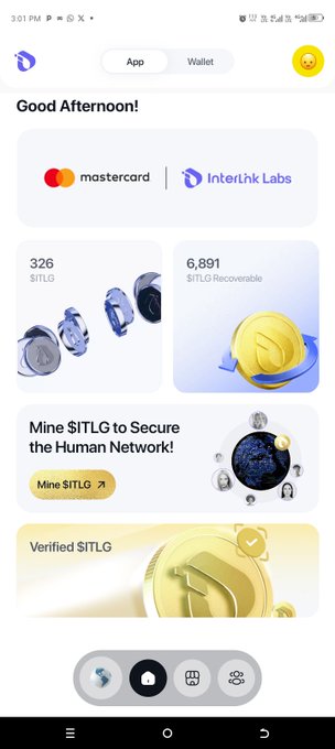 A mobile app screenshot from InterLink Labs partnered with Mastercard showing a crypto wallet interface with 'Good Afternoon!' greeting, displaying 326 $ITLG tokens, 6,891 $ITLG Recoverable, and a 'Mine $ITLG to Secure the Human Network!' section.