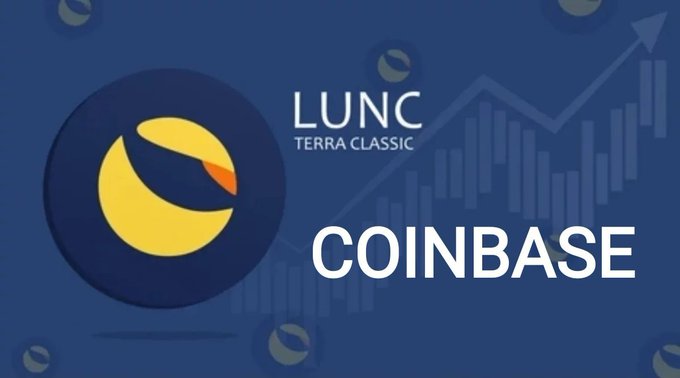 A promotional graphic for LUNC (Terra Classic) on Coinbase, featuring the yellow Luna Classic logo against a blue background with a rising bar chart.