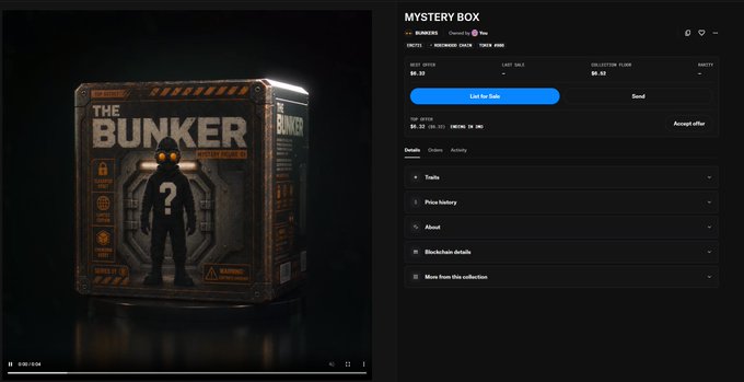 A 'MYSTERY BOX' NFT detail page shows a metallic box labeled 'THE BUNKER' containing a silhouetted figure with a question mark, alongside 'List for Sale' and 'Send' options.