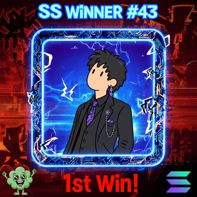 This image celebrates @Ayomide11L winning SMURF SPOTLIGHT V2 Day 43 with their "1st Win!", featuring the $SOL ticker and a stylized cartoon character. The image directly visualizes the "winner" aspect mentioned in the accompanying post, highlighting the user's first victory in the contest.