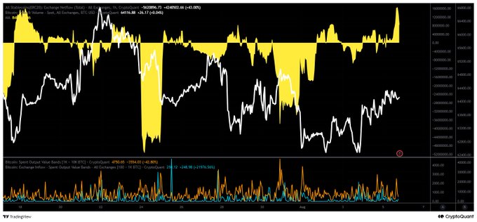 The image is a TradingView chart showing Bitcoin's price (around $64,516) with a CryptoQuant USDT Exchange Netflow indicator at the bottom, where sustained positive net inflows (orange) alongside the rising BTC price trend visually support the post's claim of continued short-term bullish momentum.