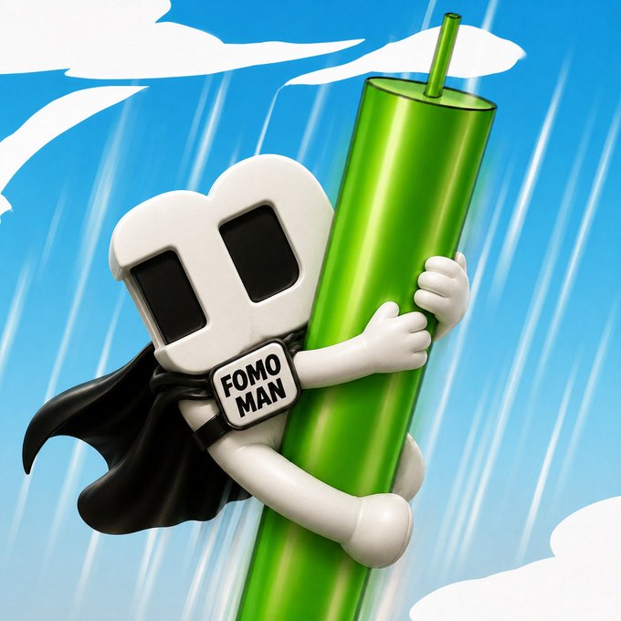 A 3D-rendered cartoon figure labeled 'FOMO MAN' on its chest clings to a large green bamboo stalk against a bright blue sky with clouds and falling rain.