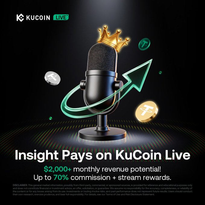 This image visually promotes KuCoin Live's creator program, featuring a microphone with a crown and graphic representations of cryptocurrency like USDT, highlighting the "$2,000+ monthly revenue potential" and "Up to 70% commission."