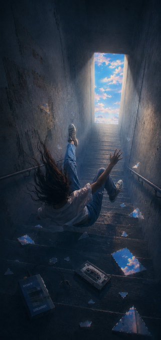 A person falls backward down a dimly lit stairwell toward scattered papers, with a cassette tape and book labeled "Miyazaki" lying on the steps, while a doorway at the top reveals an open sky. The image visually embodies the post's theme of surrender, capturing a "quiet fall" suspended between the grounded symbols of art and film below and the bright, open sky above.