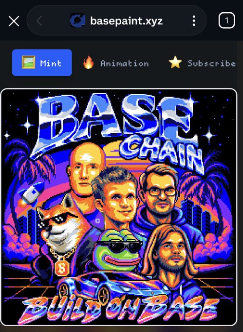 A screenshot of a mobile browser shows the website "basepaint.xyz" displaying a pixel-art style NFT titled "BASE CHAIN" featuring portraits, a doge, and a frog, with a "Build on Base" banner.