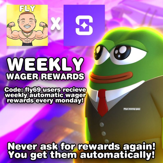 A promotional graphic featuring the Pepe the Frog meme in a suit, advertising weekly wager rewards with a code 'fly69' on what appears to be a gambling platform, mentioning automatic rewards every Monday.