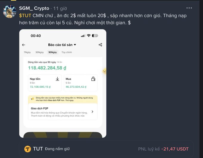 A Vietnamese social media post by SGM_Crypto discussing the $TUT token, showing a phone screenshot of a digital wallet asset report displaying 118,482,284.58 đ and a current PNL loss of -21.47 USDT.