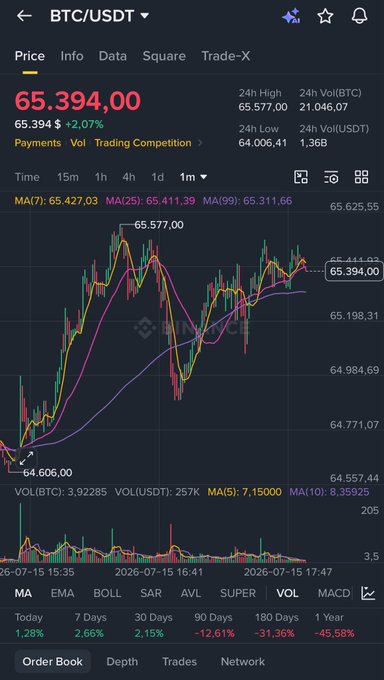 A Binance cryptocurrency trading interface showing BTC/USDT pair at $65,394.00 with a 2.07% change, displaying candlestick charts, MA indicators, and performance metrics showing 1 Year return of -45.58%.