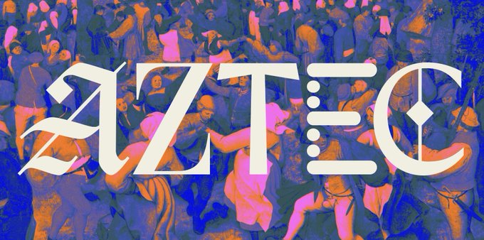 The AZTEC lifestyle brand logo displayed in white over an artistic orange and blue background showing a crowd scene.