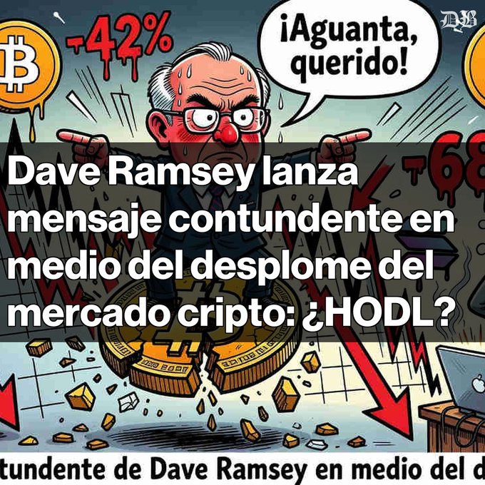 The image shows a cartoon man wearing glasses, pointing at Bitcoin and talking about it as if he's giving advice or warning someone about its value. The man appears to be in a boxing stance with arms raised high in the air. The text on the image includes questions regarding Bitcoin market analysis and Bitcoin selling tips related to Dave Ramsey, who is the cartoon figure standing over the scene.