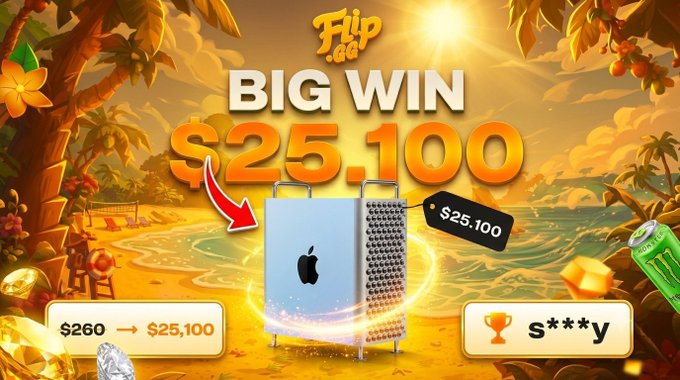 A promotional graphic for Flip.gg showcases a "BIG WIN" of $25,100, highlighting a lootbox unboxing where a $260 investment turned into a $25,100 payout, displayed alongside an Apple computer and gaming-related imagery against a tropical background.