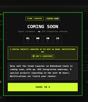 A dark "Coming Soon" countdown screen for Stonk Launcher displays 1 day, 00 hours, 30 minutes, and 24 seconds until integration with DEX, featuring a yellow alert banner announcing "4 SPECIAL PROJECTS LAUNCHING IN THE NEXT 96 HOURS. NOTIFICATIONS ON!" alongside a "SHARE ON X" button, which corresponds to the post listing the upcoming launches of TickerYard, Oakmont Vault, Sleuthio, and a fourth TBA project.