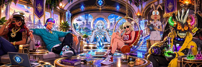 A highly detailed, colorful anime-style illustration depicts a group of diverse characters in a futuristic, ornate lounge setting, including a sailor, a man in teal, a woman in white, a nurse, and a masked figure with horns.