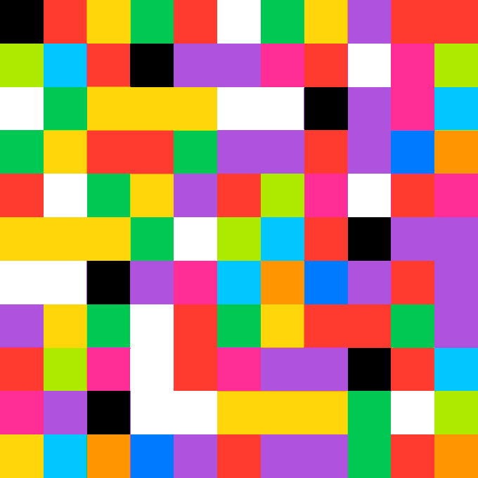 A vibrant 11x11 pixel art grid composed of brightly colored squares (red, green, yellow, blue, purple, orange, pink, white, and black) with no visible text or numbers, serving as a cryptic visual puzzle to encode a seed phrase for an Ethereum wallet.