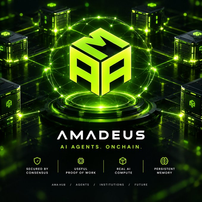 A vibrant green 3D promotional image for 'AMADEUS - AI AGENTS. ONCHAIN.' features a glowing cube logo on a digital platform, with feature tags 'SECURED BY CONSENSUS,' 'USEFUL PROOF OF WORK,' 'REAL AI COMPUTE,' and 'PERSISTENT MEMORY.'
