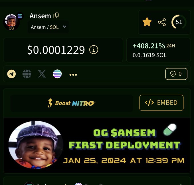 A cryptocurrency tracker page showing the token 'Ansem' (Ansem/SOL) priced at $0.0001229 with a +408.21% 24H change, featuring the text 'OG $ANSEM FIRST DEPLOYMENT JAN 25, 2024 AT 12:39 PM' alongside a child's photo.