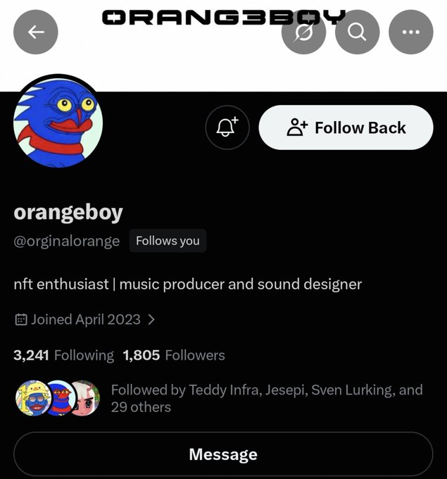 A Twitter/X profile page for "orangeboy" (@orginalorange), an NFT enthusiast and music producer who joined in April 2023, with 3,241 following and 1,805 followers. The post's caption promotes visiting this profile after the user purchased a "sproto" NFT, encouraging others to follow them.