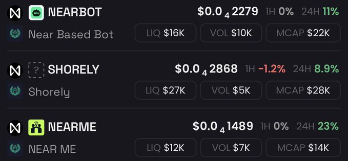 A cryptocurrency tracking dashboard displaying three tokens: NEARBOT (Near Based Bot) at $0.0₄2279 with 11% 24H gain, SHORELY at $0.0₄2868 with -1.2% 1H and 8.9% 24H, and NEARME (NEAR ME) at $0.0₄1489 with 23% 24H gain, along with their liquidity, volume, and market cap figures.